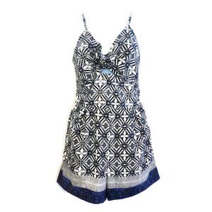 Romper Smocked Japna Geo Diamond Adj Straps Lined Tie Bust Navy India M